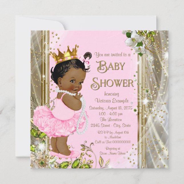 Convites Chuva de Bebê Princesa Afro-Americana Rosa Tutu (Frente)