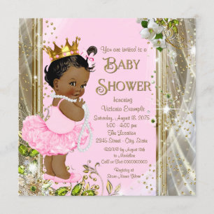 Convites Chuva de Bebê Princesa Afro-Americana Rosa Tutu