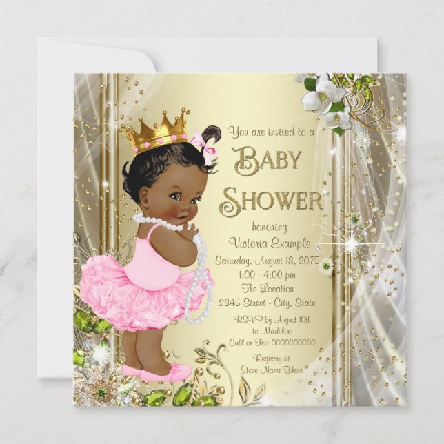 Convites Chuva de Bebê Princesa Afro-Americana Rosa Tutu (Frente)