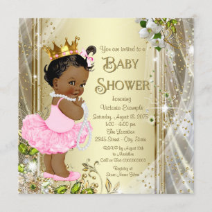 Convites Chuva de Bebê Princesa Afro-Americana Rosa Tutu