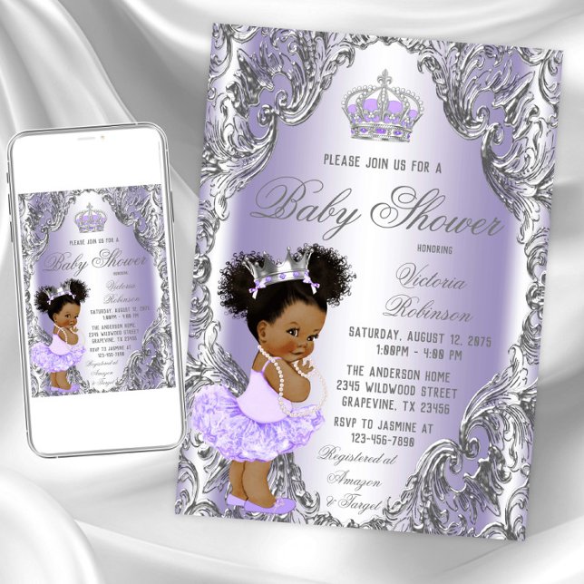 Convites Chuva de Bebê Princesa Afro Cabelo Roxo Prata (Lavender silver baby shower invitation. Instant download and printed invitations available.)