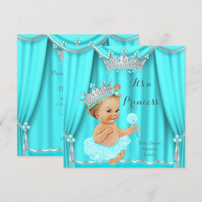 Convites Chuva de Bebê Princesa Aqua Azul Turquesa Prata Lo (Frente/Verso)