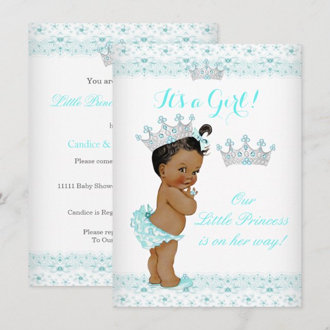 Convites Chuva de Bebê Princesa Aqua Branco Tiara Étnico (Frente/Verso)