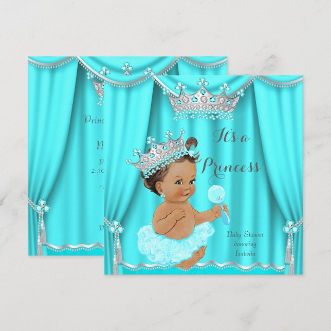 Convites Chuva de Bebê Princesa Aqua Verde Prata Morena (Frente/Verso)