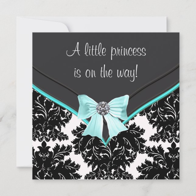 Convites Chuva de Bebê Princesa Arco Azul Turquesa Damask P (Frente)