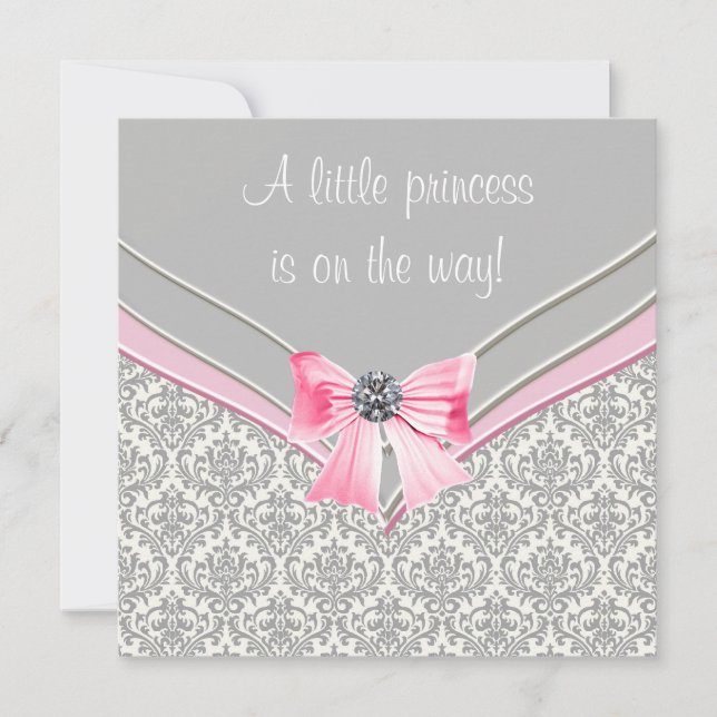 Convites Chuva de Bebê Princesa Arco Rosa Damask Rosa e Cin (Frente)