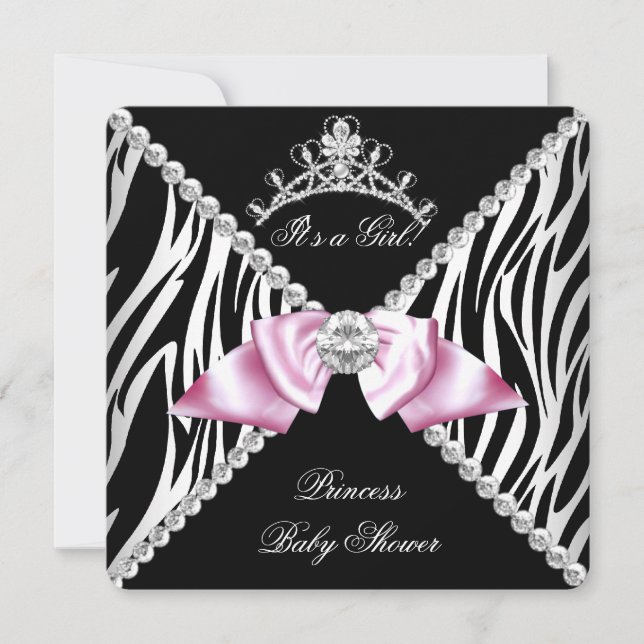 Convites Chuva de Bebê Princesa Arco Rosa Zebra Preta (Frente)