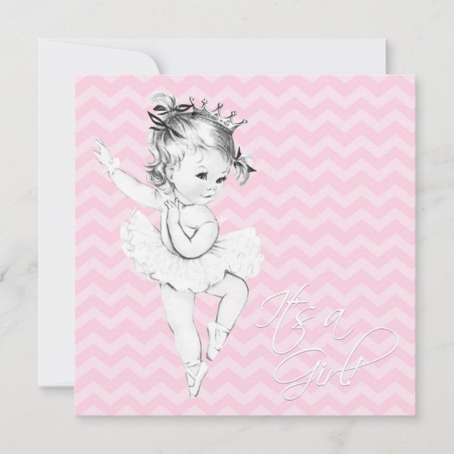 Convites Chuva de Bebê Princesa Bailarina Chevron Rosa (Frente)
