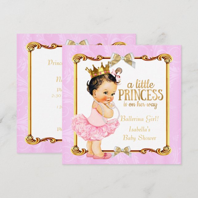 Convites Chuva de Bebê Princesa Bailarina Rosa Dourado More (Frente/Verso)