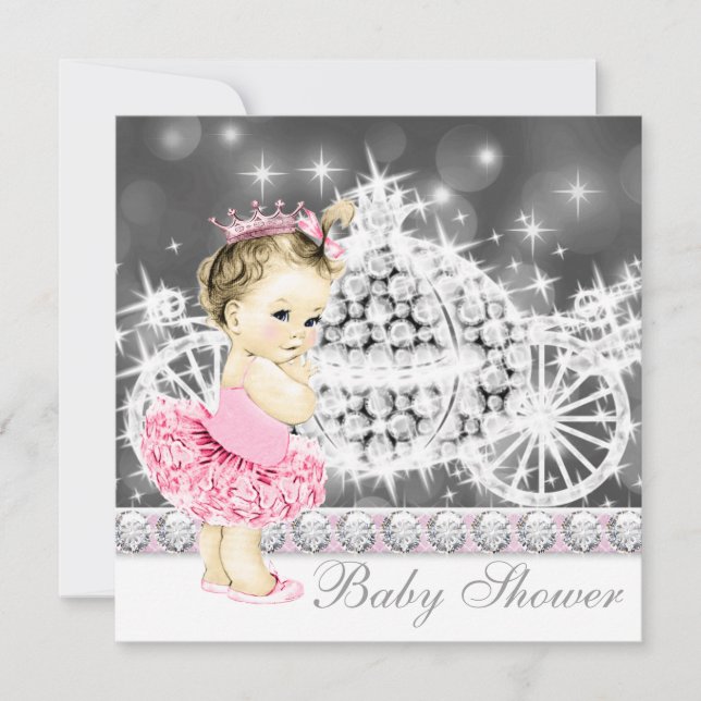 Convites Chuva de Bebê Princesa Bailarina Rosa e Cinza (Frente)