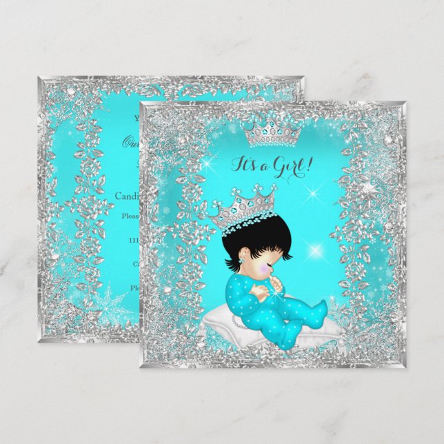 Convites Chuva de Bebê Princesa Bebê Azul Teal Prata Morena (Frente/Verso)