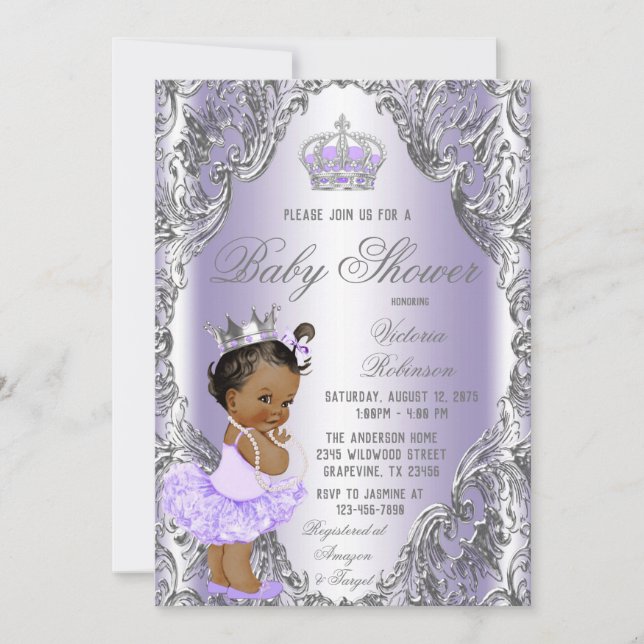 Convites Chuva de Bebê Princesa com Tutu Roxo Prata (Frente)