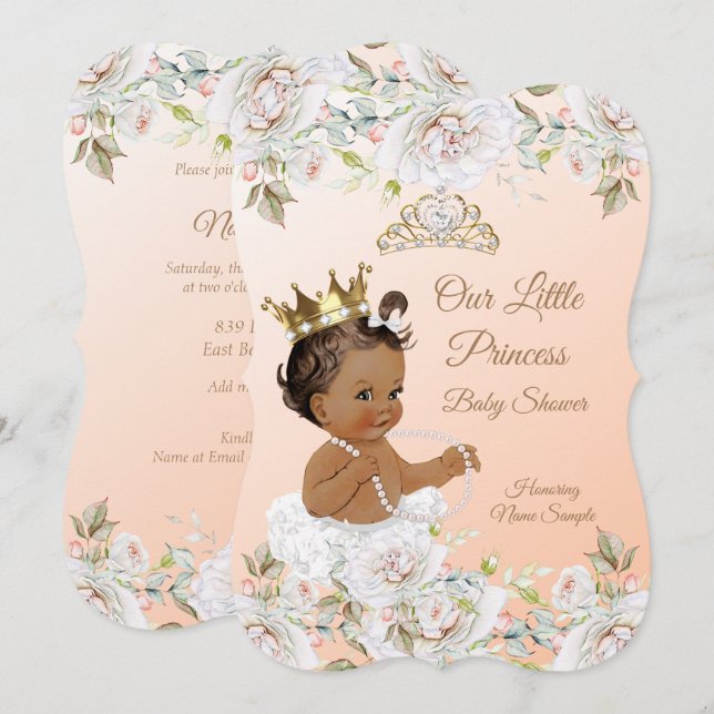 Convites Chuva de Bebê Princesa Coral Pêssego Branco Étnico (Frente/Verso)