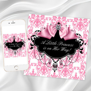 Convites Chuva de Bebê Princesa Damasco Rosa e Preto