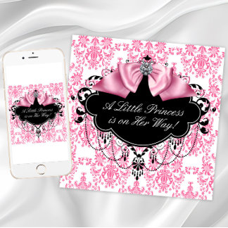 Convites Chuva de Bebê Princesa Damasco Rosa e Preto