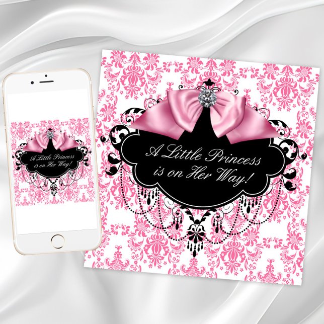 Convites Chuva de Bebê Princesa Damasco Rosa e Preto (Pink and black baby shower invitations. Add your own text. Instant download and printed available.)