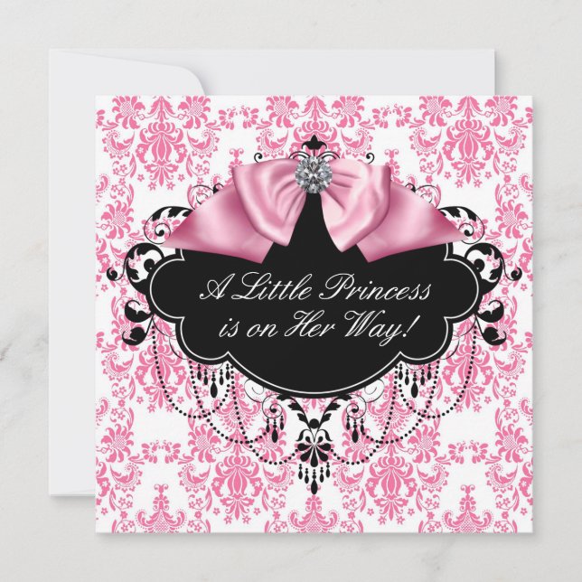 Convites Chuva de Bebê Princesa Damasco Rosa e Preto (Frente)