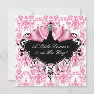 Convites Chuva de Bebê Princesa Damasco Rosa e Preto