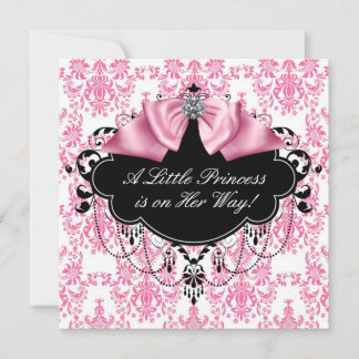 Convites Chuva de Bebê Princesa Damasco Rosa e Preto