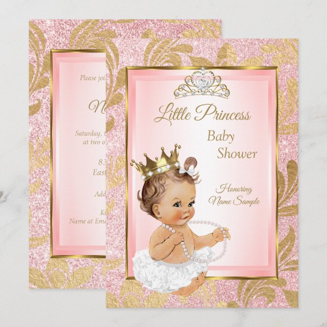 Convites Chuva de Bebê Princesa Dourada Brilho Rosa Morena (Frente/Verso)