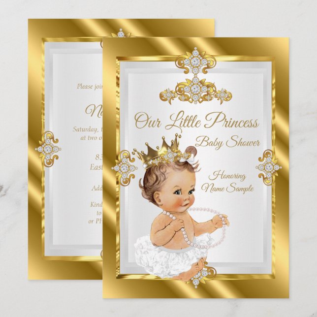 Convites Chuva de Bebê Princesa Dourado Branco Morena (Frente/Verso)