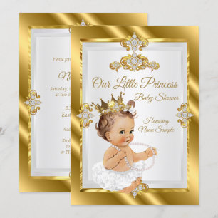 Convites Chuva de Bebê Princesa Dourado Branco Morena