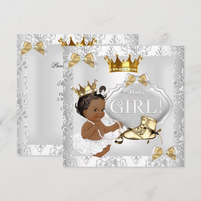 Convites Chuva de Bebê Princesa Dourado Prata Damask Étnico (Frente/Verso)