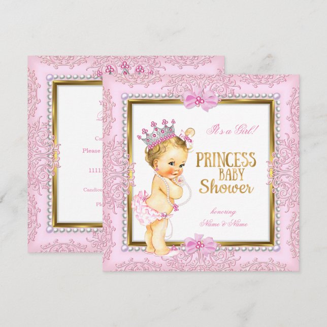 Convites Chuva de Bebê Princesa Dourado Rosa Pérolas Renda  (Frente/Verso)