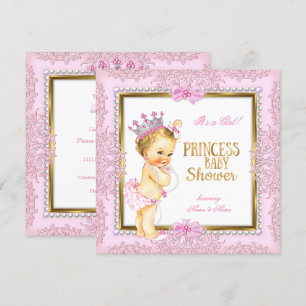 Convites Chuva de Bebê Princesa Dourado Rosa Pérolas Renda