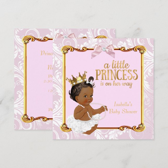 Convites Chuva de Bebê Princesa Étnica Branco Rosa Dourado (Frente/Verso)