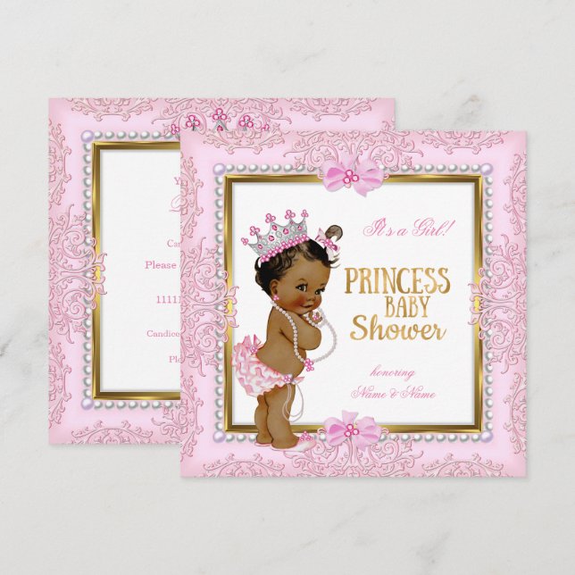 Convites Chuva de Bebê Princesa Étnica Dourado Rosa Pérolas (Frente/Verso)