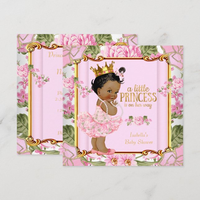 Convites Chuva de Bebê Princesa Étnica Flor de Rosa Rosa (Frente/Verso)