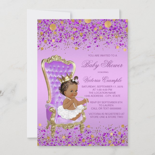 Convites Chuva de Bebê Princesa Étnica Lilás Dourada (Frente)