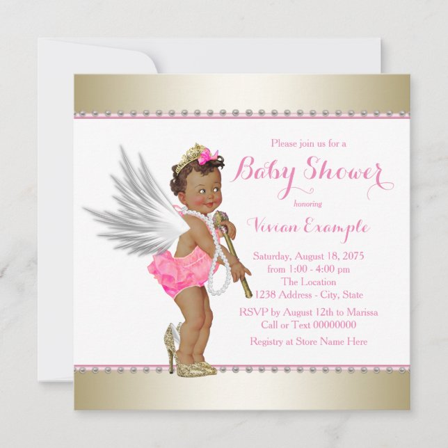 Convites Chuva de Bebê Princesa Étnica Rosa Dourado Anjo (Frente)