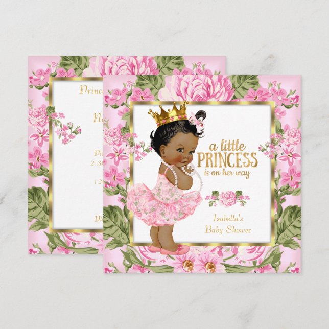 Convites Chuva de Bebê Princesa Étnica Rosa Dourado Floral  (Frente/Verso)