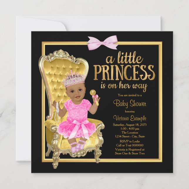 Convites Chuva de Bebê Princesa Étnica Rosa Dourado Preto (Frente)