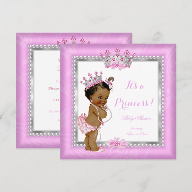 Convites Chuva de Bebê Princesa Étnica Rosa Pérola Prata (Frente/Verso)