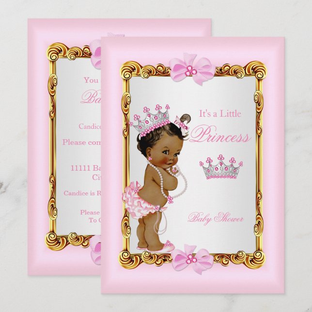 Convites Chuva de Bebê Princesa Étnica Tiara de Pérolas Ros (Frente/Verso)