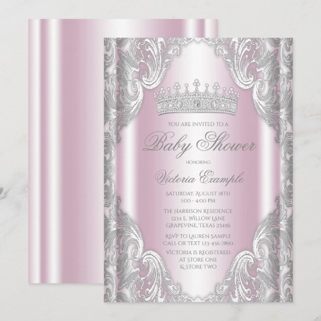 Convites Chuva de Bebê Princesa Fantasia Cinza Prata Rosa (Frente/Verso)