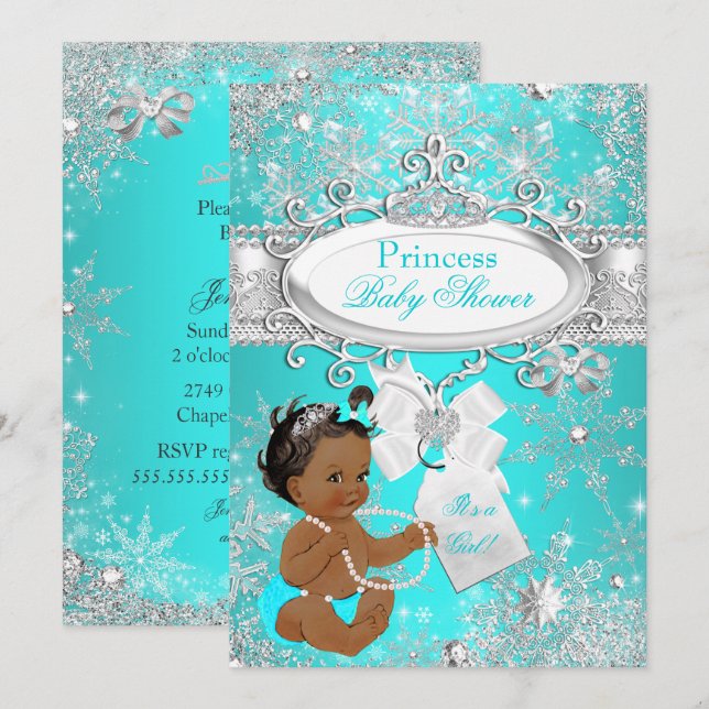 Convites Chuva de Bebê Princesa Flocos de Neve Aqua Étnico (Frente/Verso)