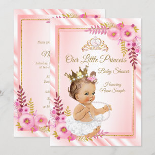 Convites Chuva de Bebê Princesa Floral Rosa Branco Morena