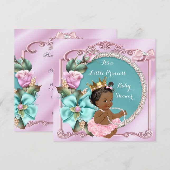 Convites Chuva de Bebê Princesa Floral Turquesa Rosa Étnico (Frente/Verso)