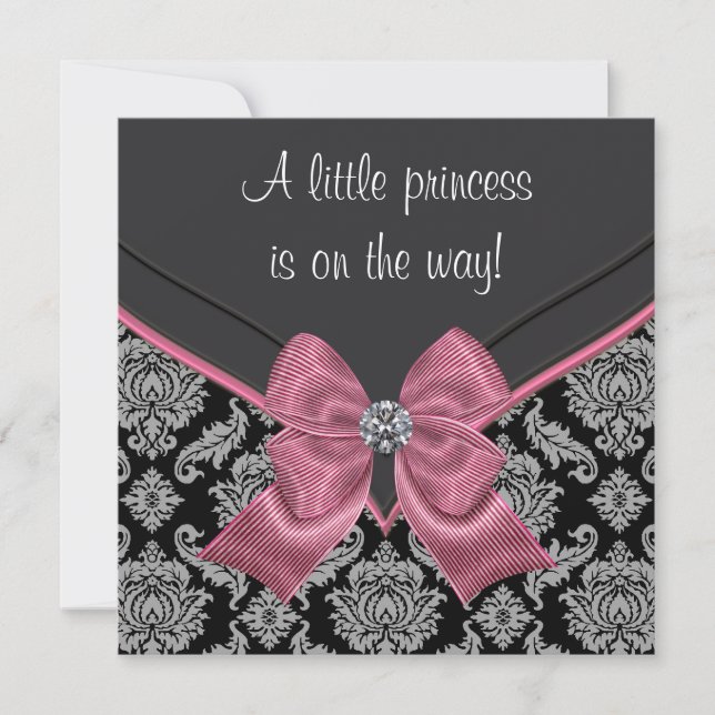 Convites Chuva de Bebê Princesa Laço Rosa Damasco Preto (Frente)