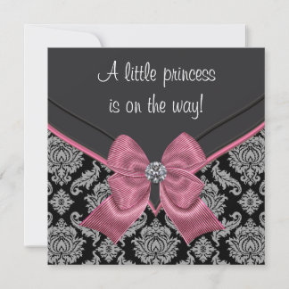 Convites Chuva de Bebê Princesa Laço Rosa Damasco Preto