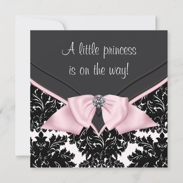 Convites Chuva de Bebê Princesa Laço Rosa Damask Preto (Frente)