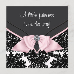 Convites Chuva de Bebê Princesa Laço Rosa Damask Preto