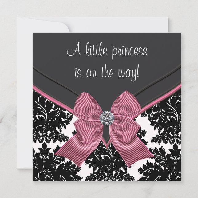 Convites Chuva de Bebê Princesa Laço Rosa Damask Preto (Frente)