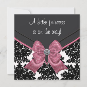Convites Chuva de Bebê Princesa Laço Rosa Damask Preto