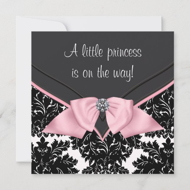 Convites Chuva de Bebê Princesa Laço Rosa Damask Preto (Frente)