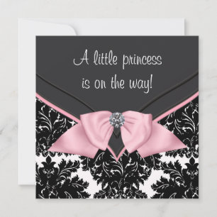 Convites Chuva de Bebê Princesa Laço Rosa Damask Preto